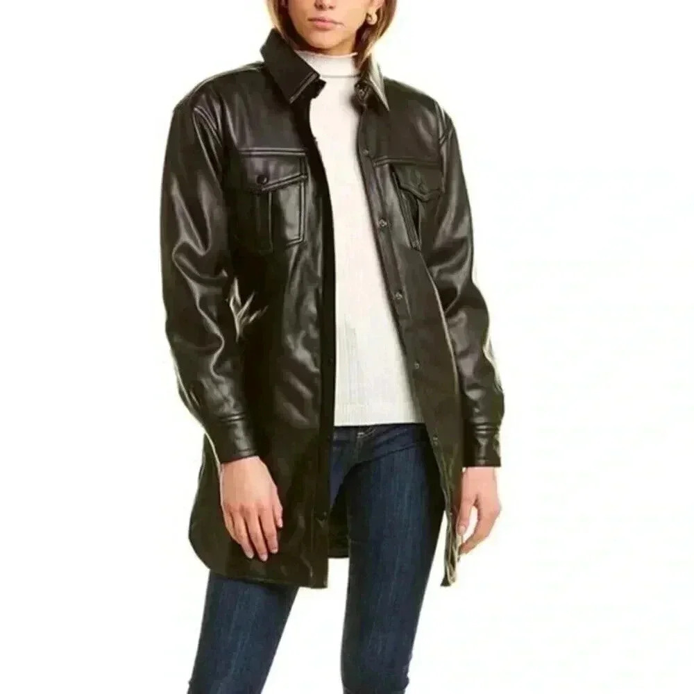 NVLT Faux Leather Shirt Jacket in Black Size Medium
